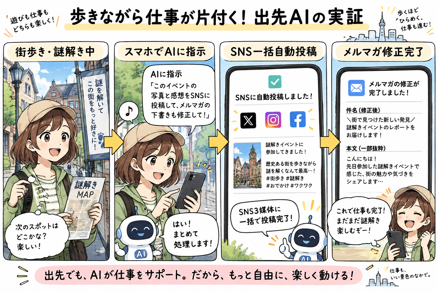 歩きながら仕事が片付く出先AIの実証を示す図解