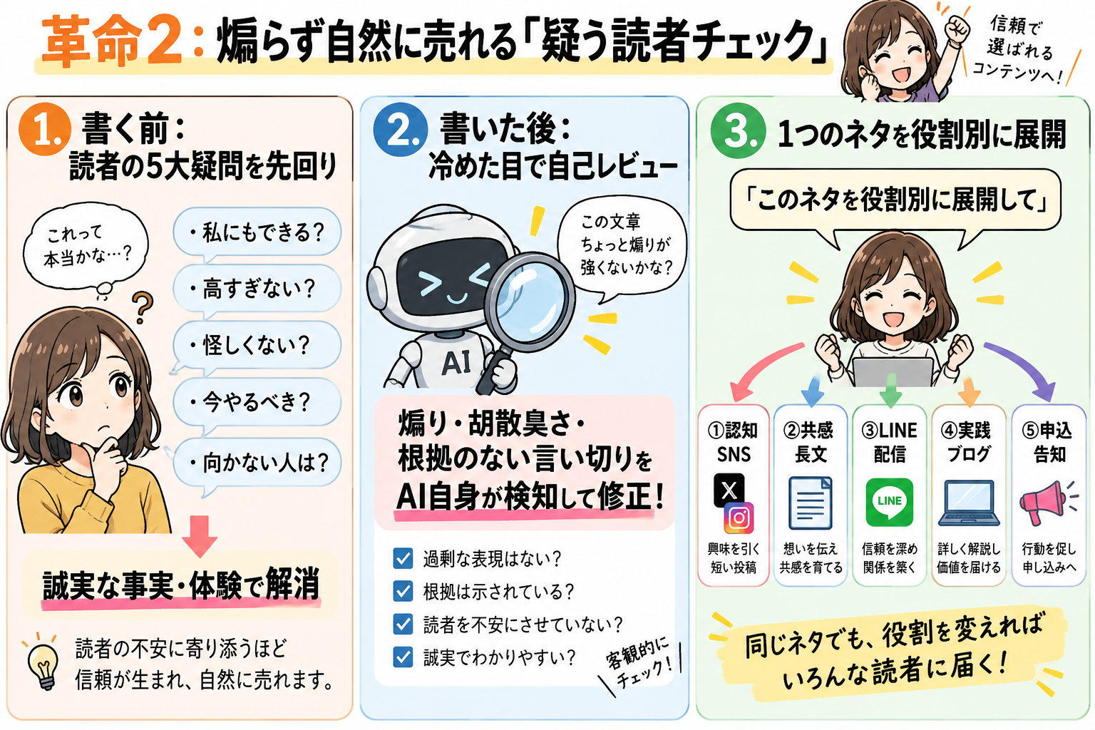 煽らず自然に売れる疑う読者チェックの仕組みを示す図解