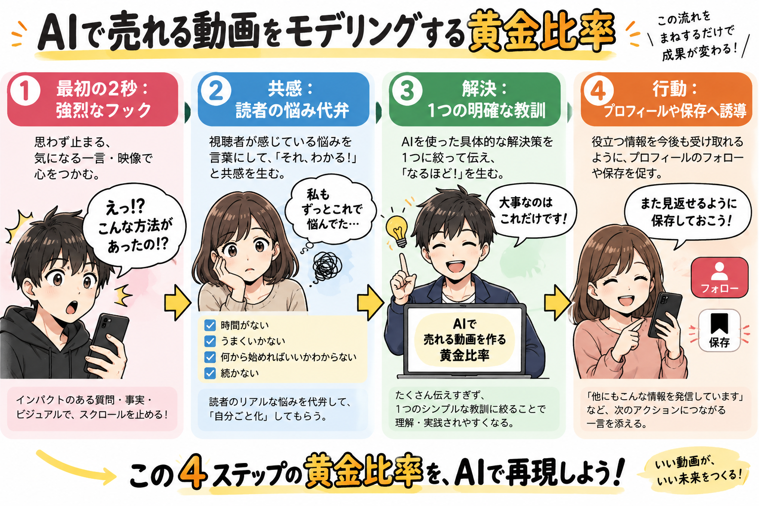 AIで売れる動画をモデリングする黄金比率を示す図解