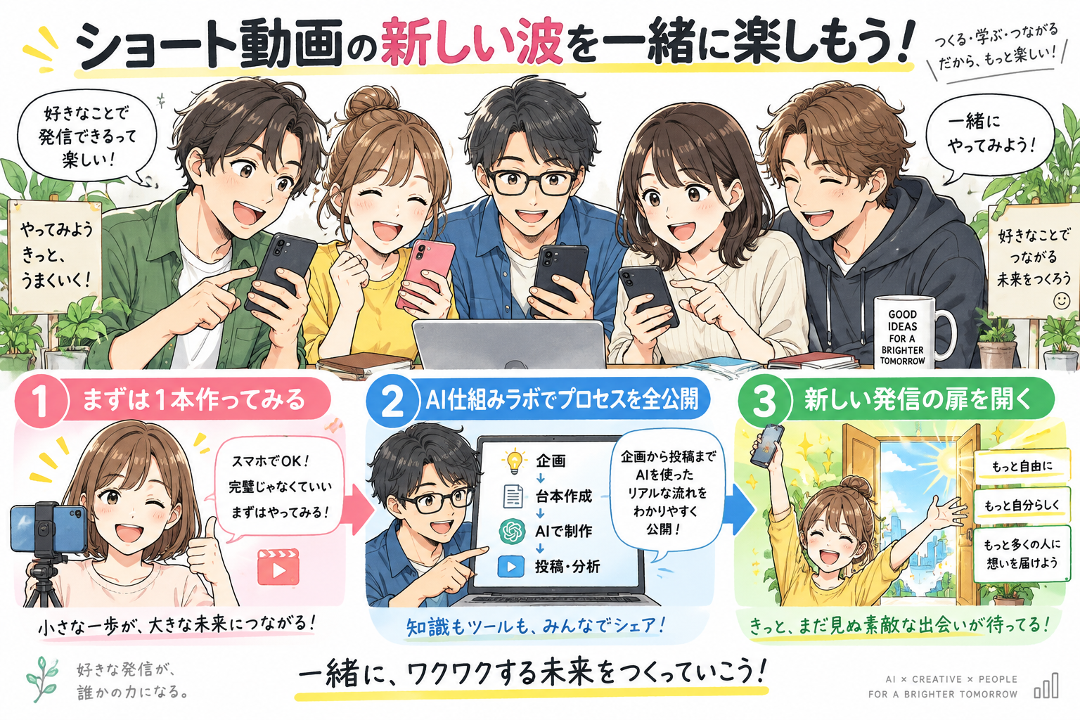 ショート動画の新しい波を一緒に楽しもう！呼びかけを示す図解