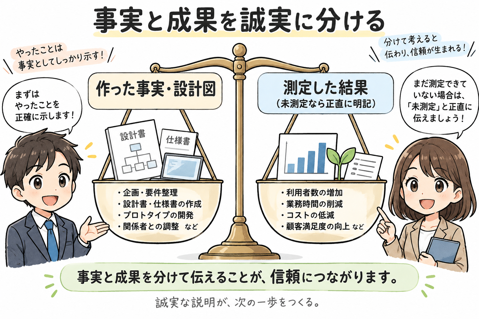 事実と成果を誠実に分ける姿勢