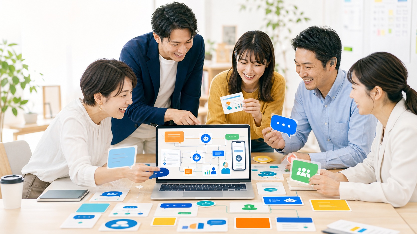 経営者と個人事業主が集まり、AIや導線カードを並べながら一緒に仕組みを作るイメージ