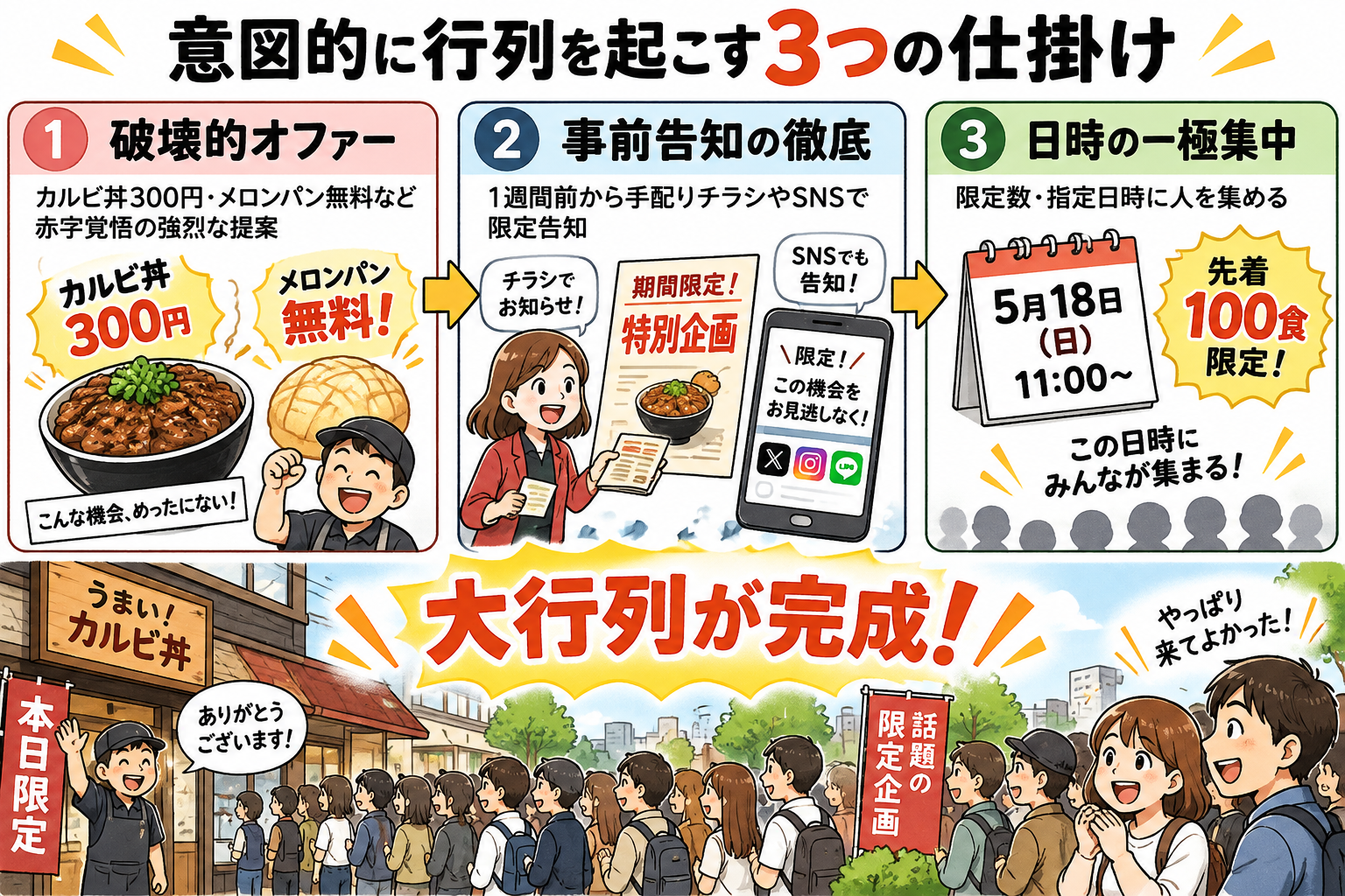 意図的に行列を起こす3つの仕掛け：破壊的オファー、事前告知の徹底、日時の一極集中