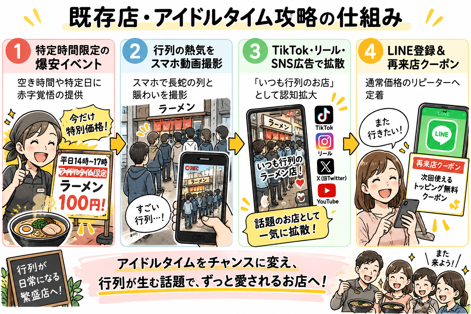 既存店・アイドルタイム攻略の仕組み：爆安イベントから動画撮影、SNS拡散、LINE定着までの4ステップ