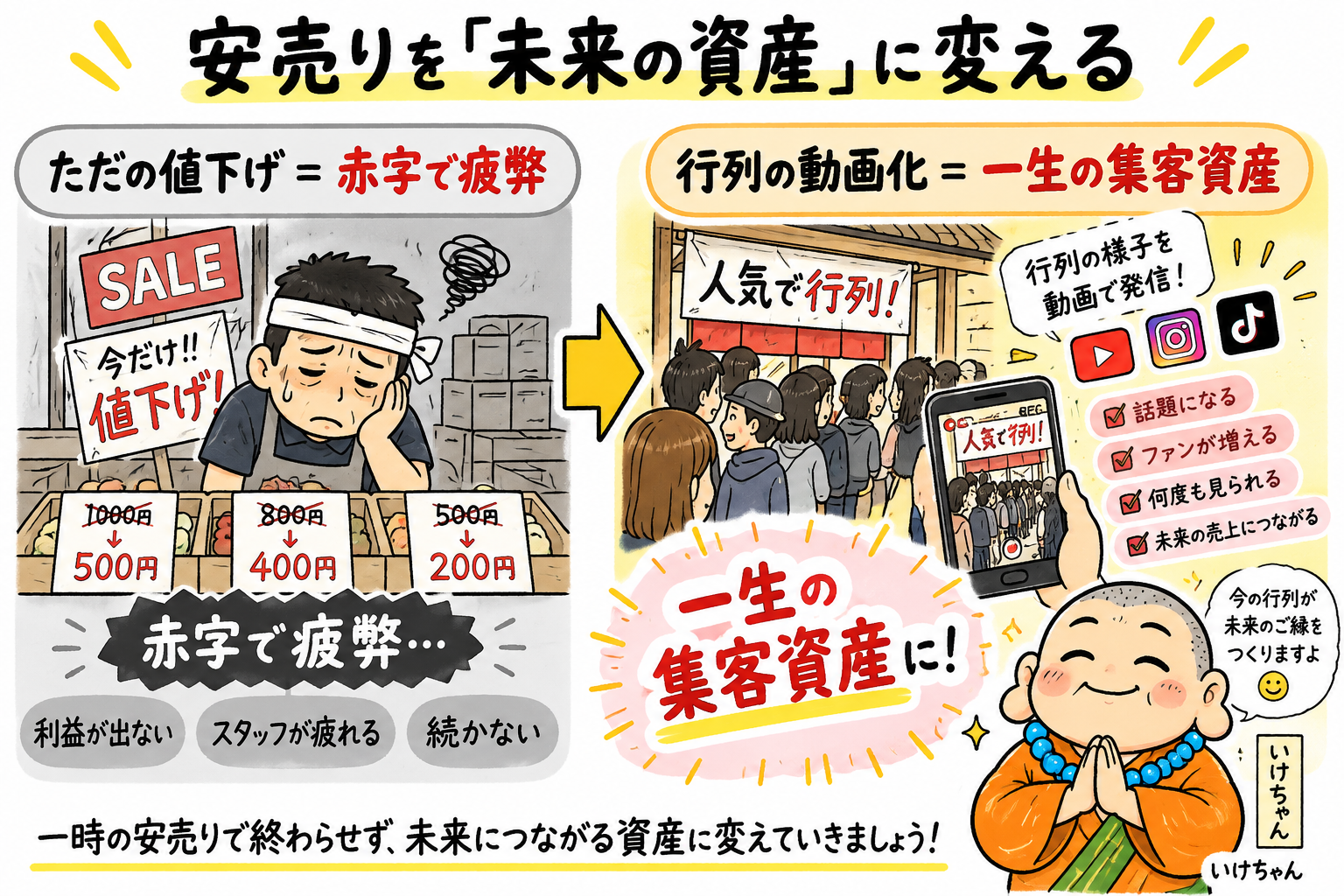 安売りを未来の資産に変える。ただの値下げは赤字で疲弊するが、行列の動画化は一生の集客資産になる