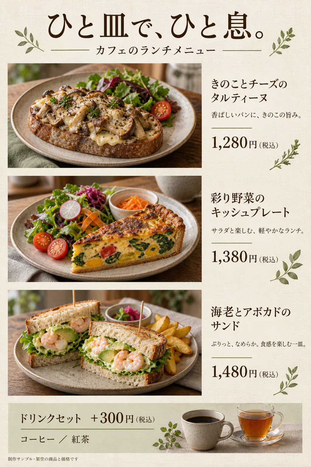 タルティーヌ、キッシュ、サンドのカフェランチメニュー
