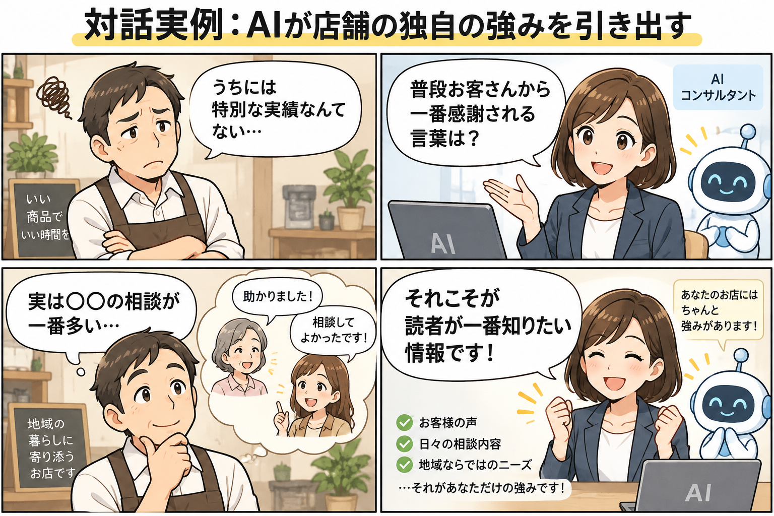 図7：AIとの対話実例。日常の接客風景を話すだけで、お店独自の強みがメッセージに変わる