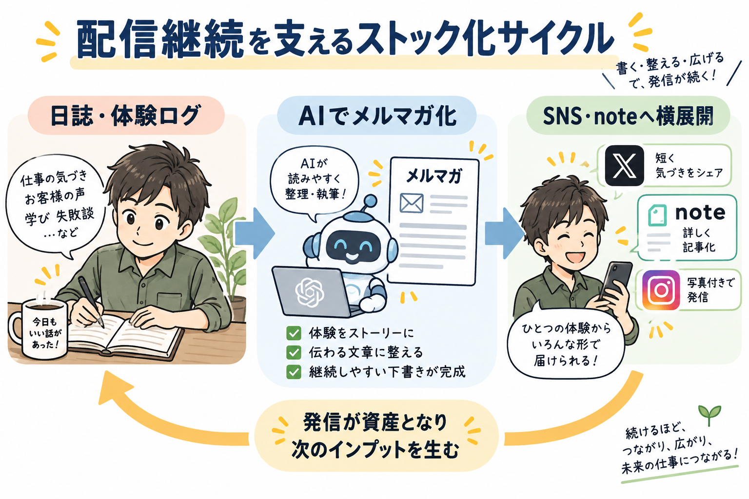 日々のログからメルマガを書き、それをX長文やnote、ブログへ横展開するストック化の仕組み。