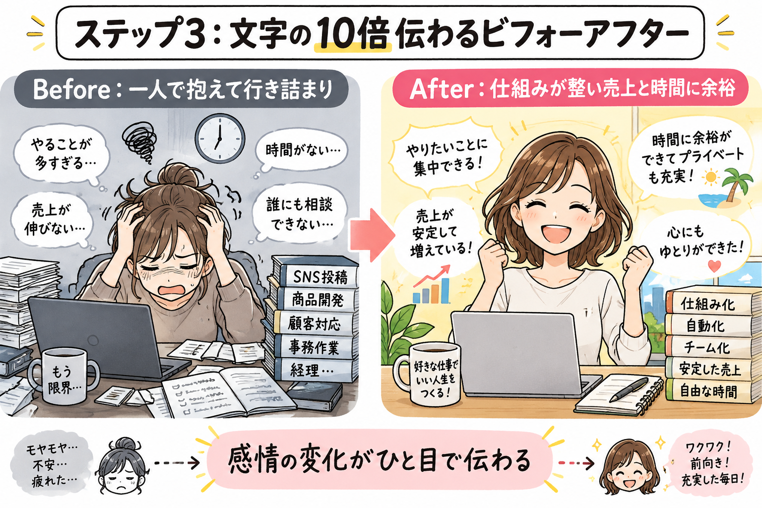 図5：ステップ3：文字の10倍伝わる！受講前・受講後のビフォーアフター事例図解