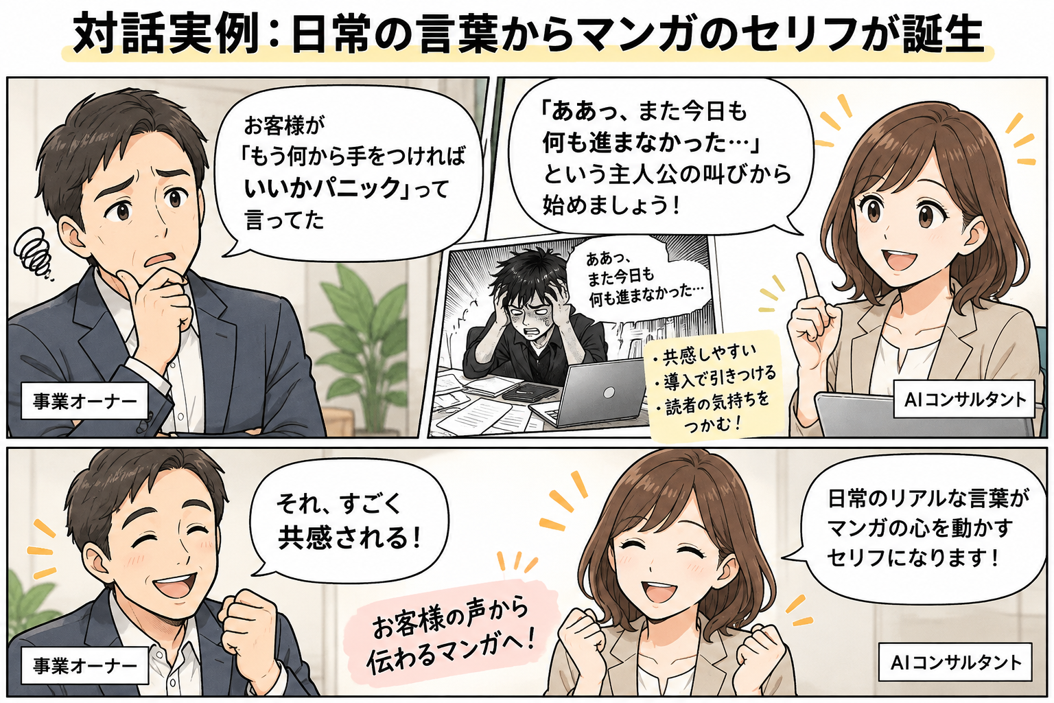 図7：AI対話実例：日常の言葉からマンガのセリフと情景描写が自然に誕生する瞬間