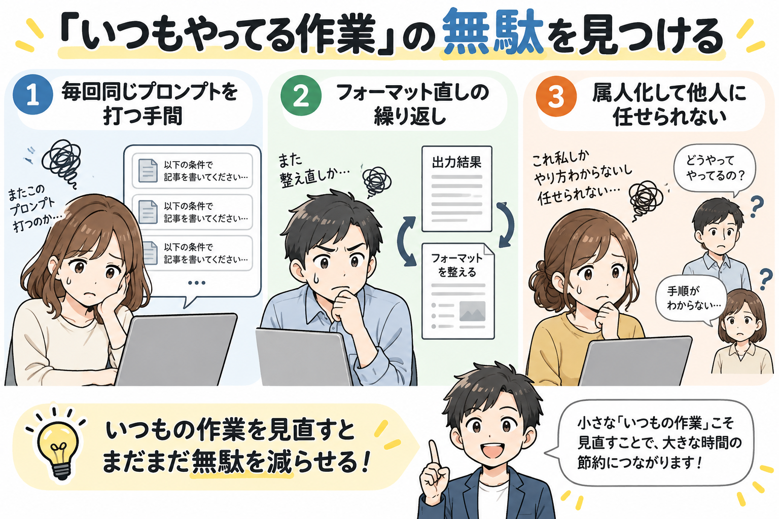 毎回同じプロンプトを打つ手間、表記揺れの修正、属人化して任せられない3大無駄。