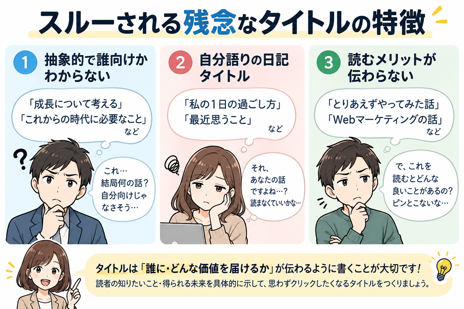 抽象的、自分語り、読むメリットが見えないというスルーされる3大タイトルの罠。