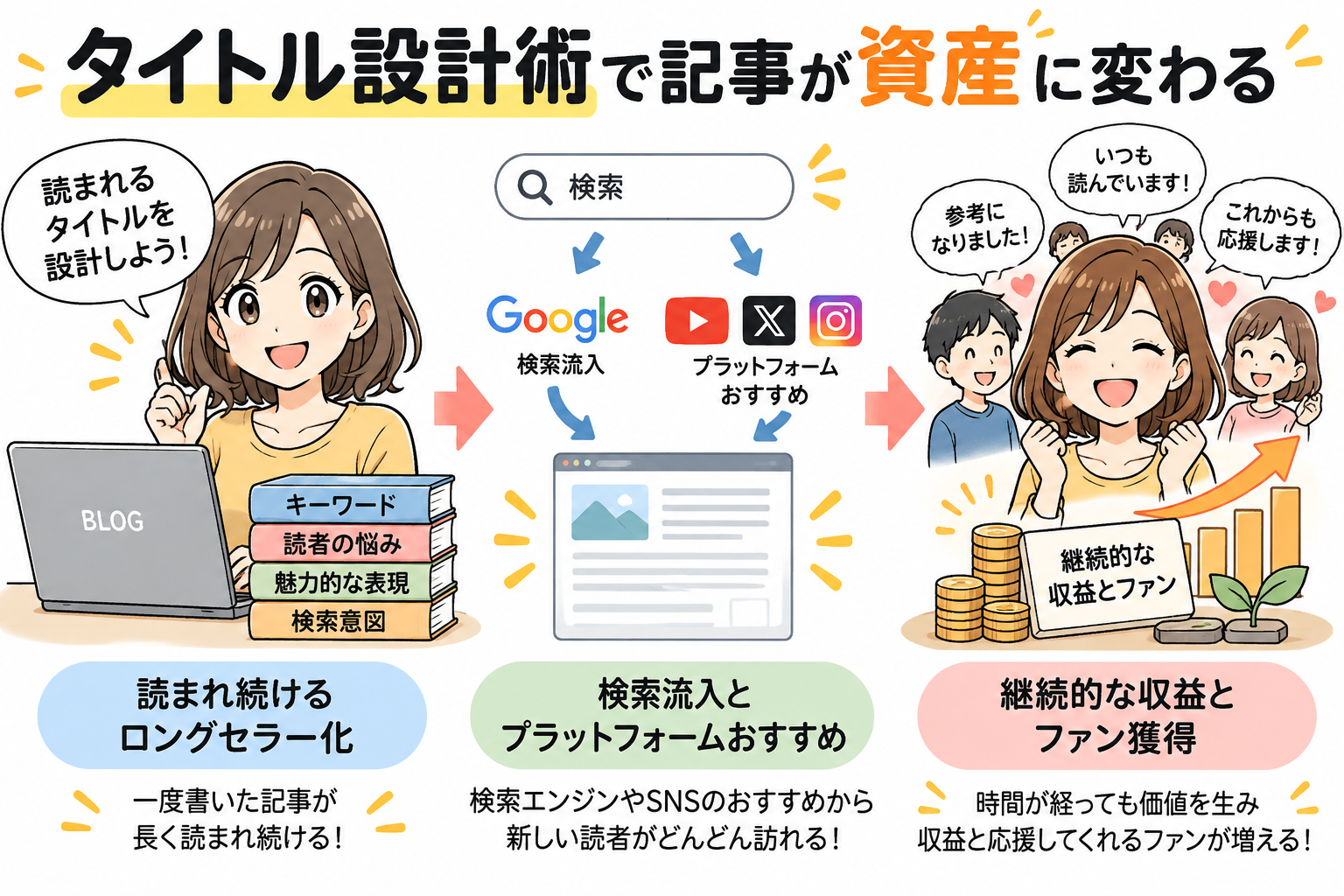 検索流入やおすすめ表示を通じて、書いた記事が何ヶ月も読まれ続ける永続資産へ。