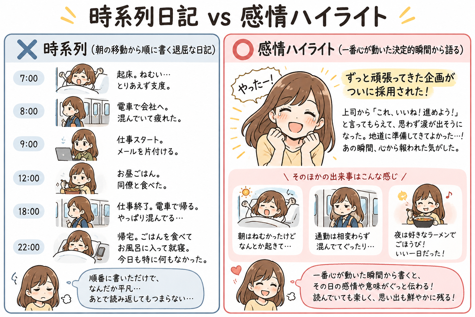 時系列日記 vs 感情ハイライトの比較図