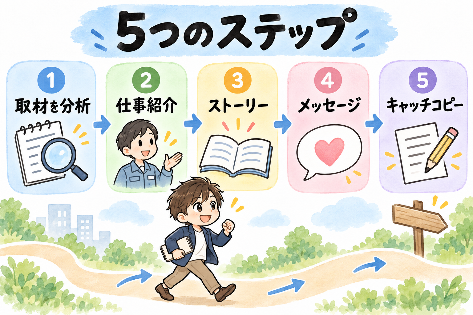 図5：中でやっていること。取材の分析から、キャッチコピーまでの5つのステップ