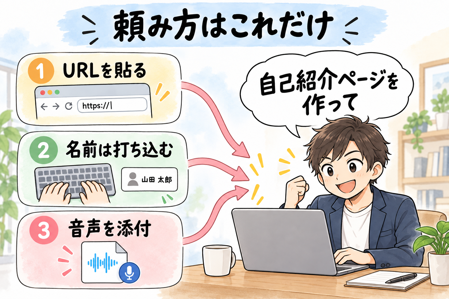図2：頼み方はこれだけ。URLを貼り、名前は打ち込み、音声を添付して一言