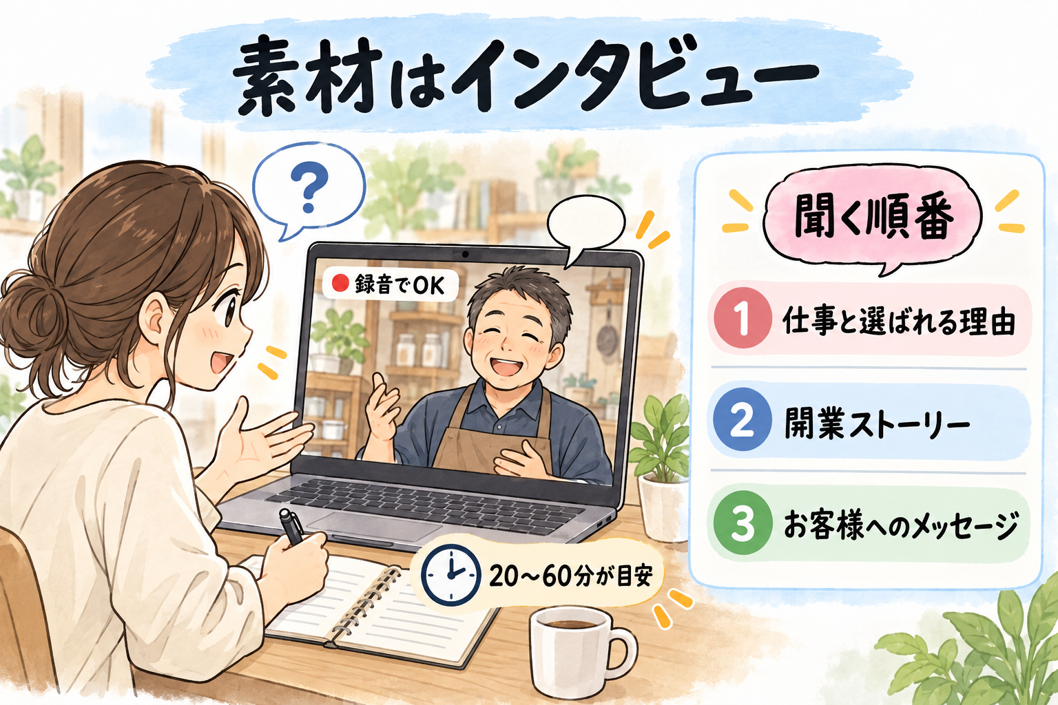 図3：素材は、経営者へのインタビューの録音。聞く順番がそのまま3部構成になります
