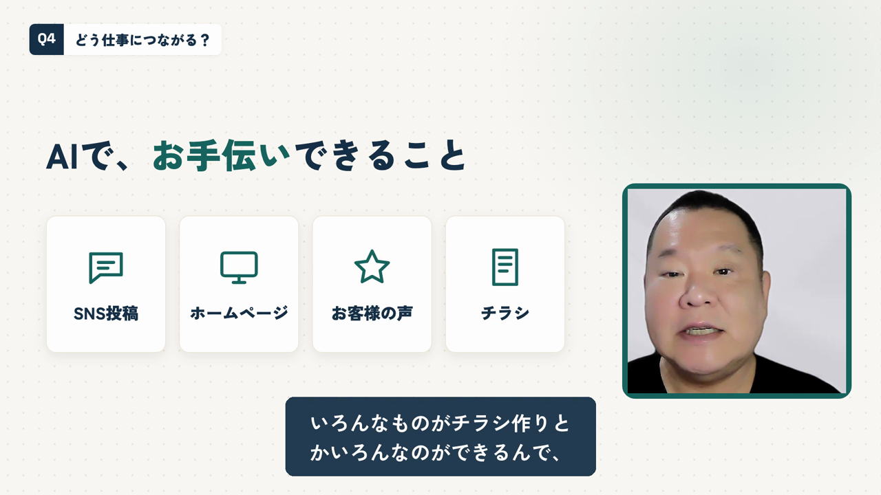 AIで、お手伝いできること。SNS投稿・ホームページ・お客様の声・チラシのカードと、右下に本人の小窓
