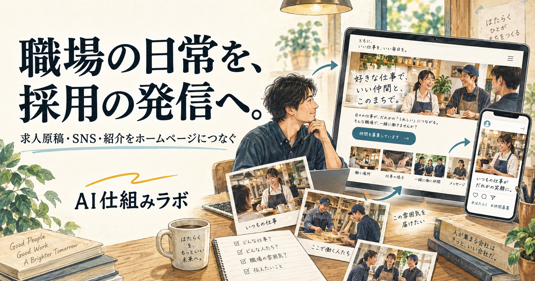 職場の日常を、採用の発信へ。求人原稿・SNS・紹介をホームページにつなぐ。