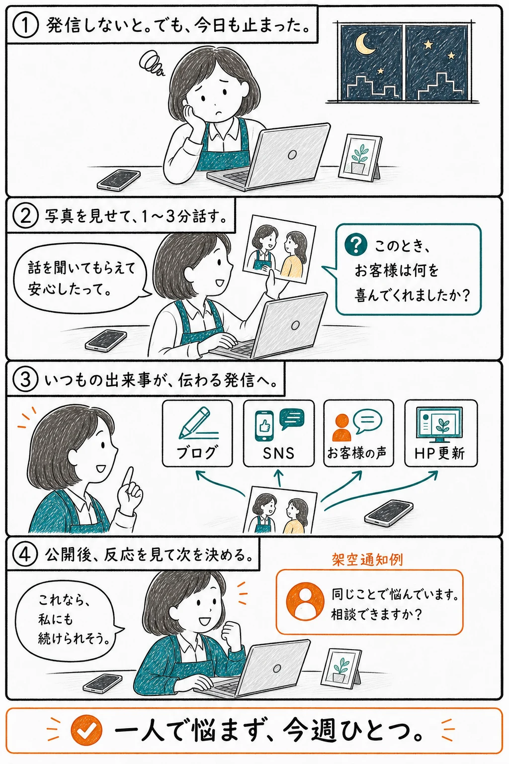 発信できずに止まっていた個人事業主が、写真を見せて短く話し、出来事を記事やSNSへ整理し、公開後の反応を見て次の発信を決める4コマ漫画