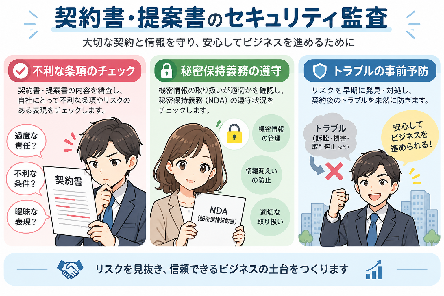 秘密保持義務や不利な免責条項を事前に洗い出し、契約トラブルを未然に防ぐ。