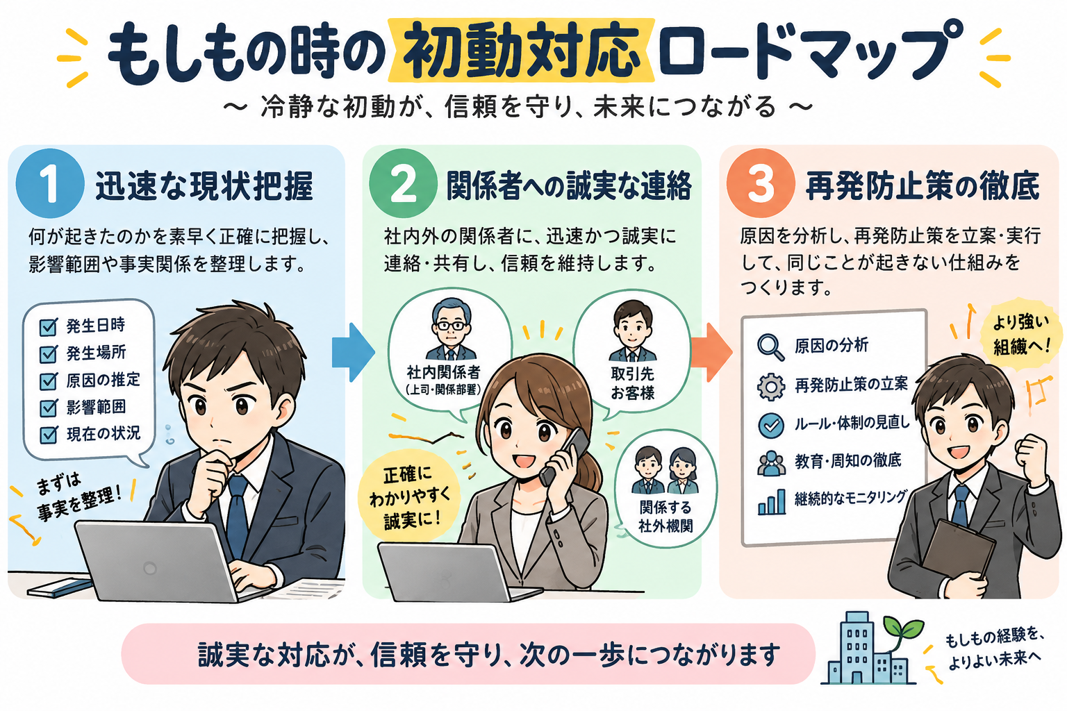 迅速な現状把握、誠実な連絡、再発防止策の徹底という万が一の初動対応ステップ。