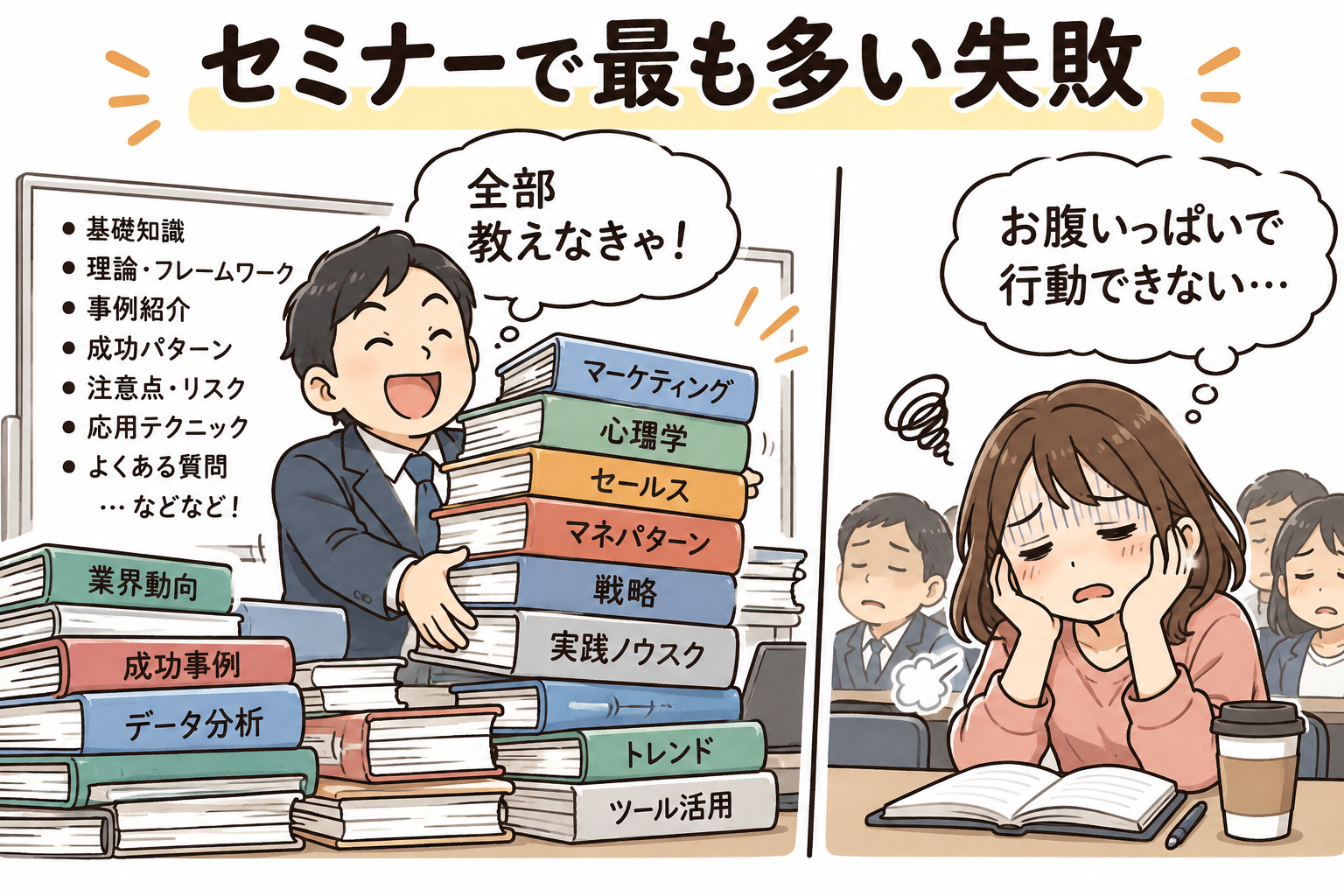 セミナーで最も多い失敗：知識の詰め込み講義で参加者がお腹いっぱいになる