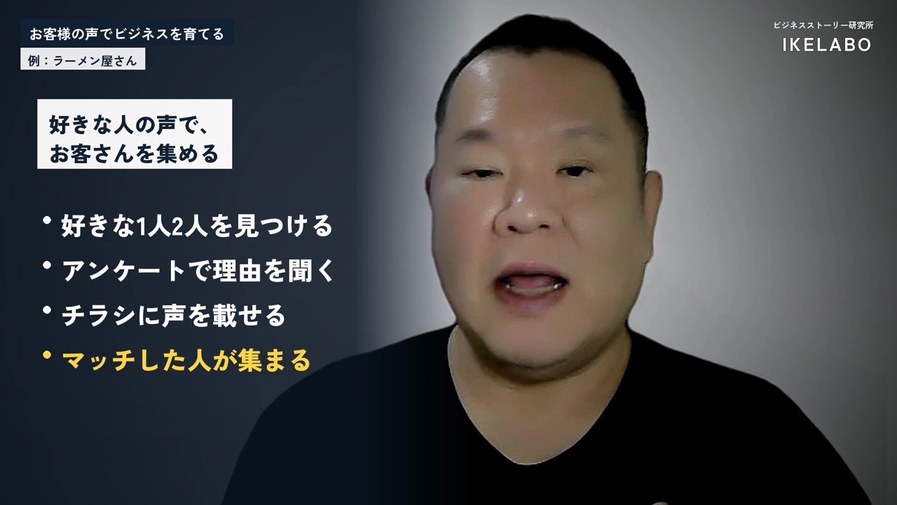 左の半透明のパネルに、好きな人の声で、お客さんを集めるの見出しと4つの項目。最後の項目だけ黄色