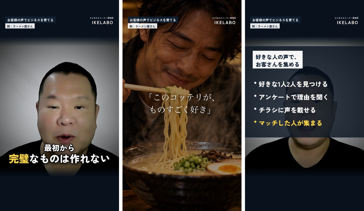 縦長の動画の3コマ。上に札とロゴ、真ん中に本人、下に大きなテロップ。ラーメンを食べる男性の絵に心の声。紺の帯に箇条書き