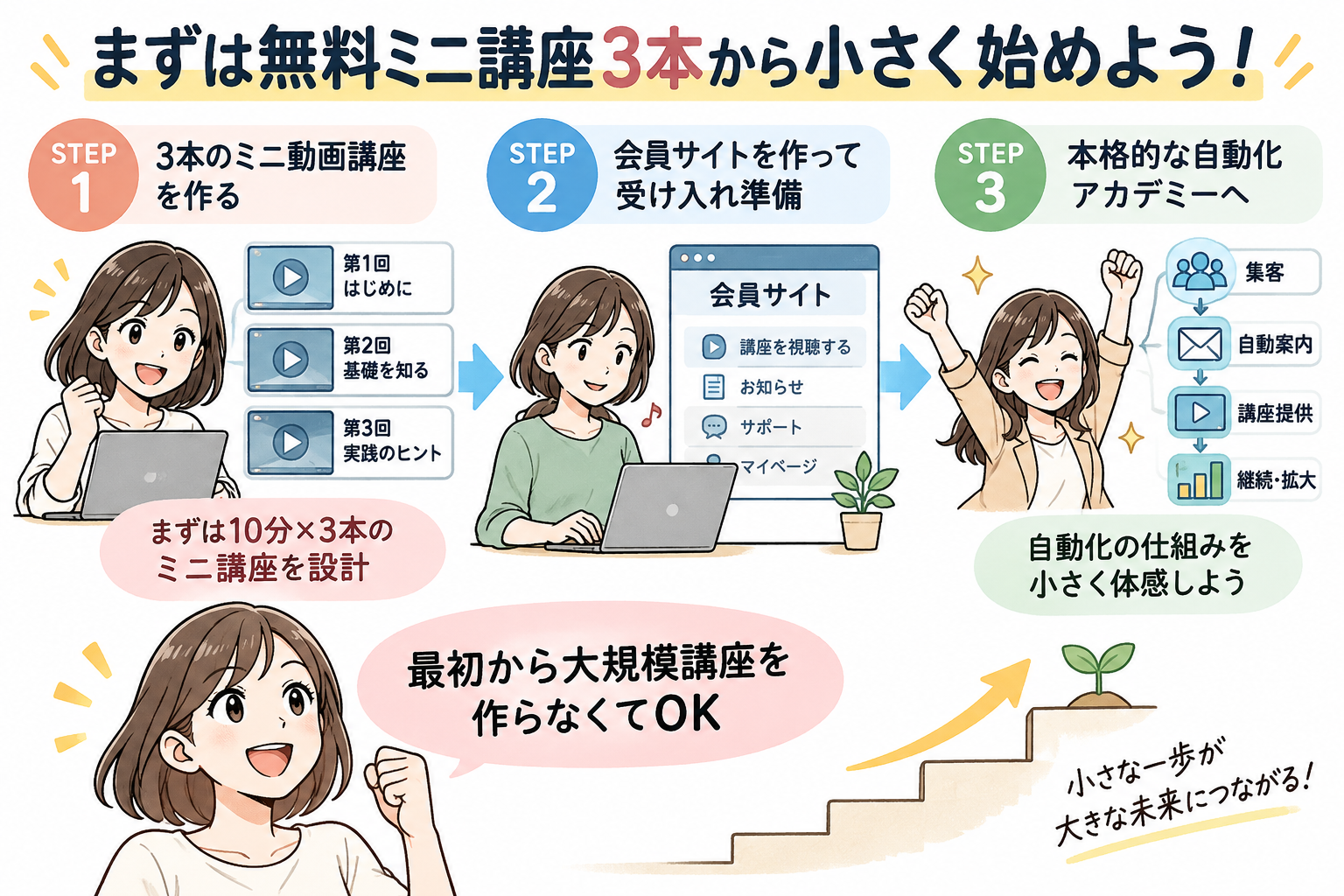 図10：まずは「無料ミニ講座（3本）」から。あなたの知識を自動で届く資産にしましょう