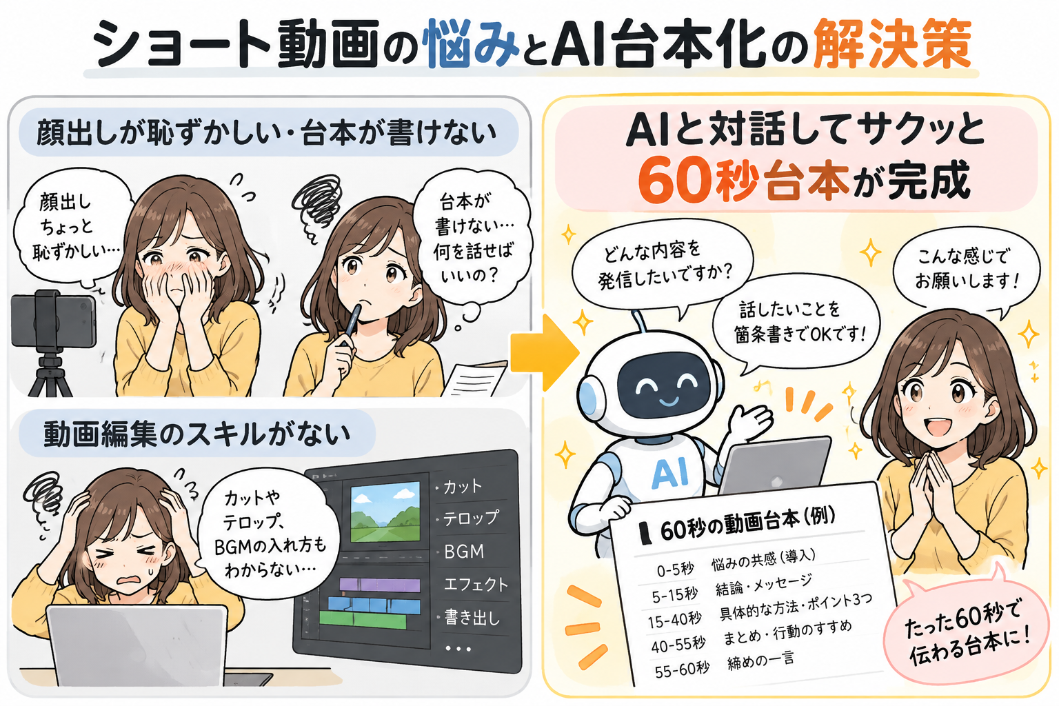 ショート動画の悩みとAI台本化による解決策を示す図解