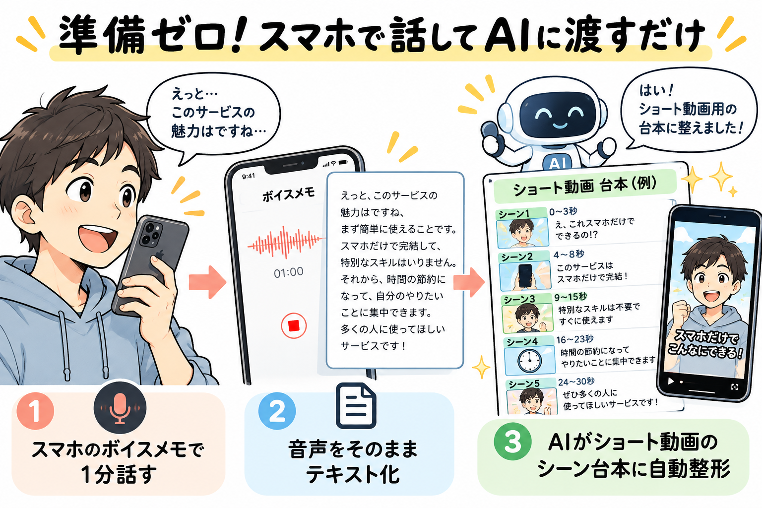 図2：準備ゼロ！スマホで1分間話した音声をAIに渡すだけで台本作成スタート