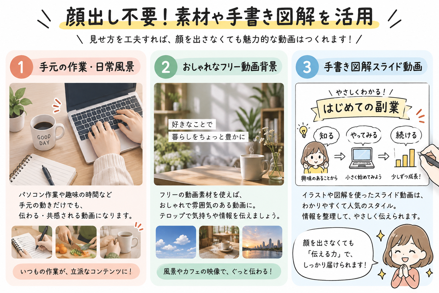 図6：顔出し不要！手元作業・風景動画・手書き図解スライドを組み合わせる制作術