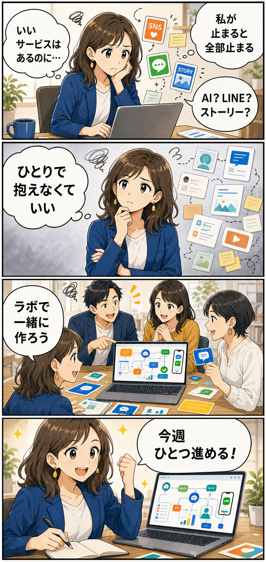 ひとりで抱え込む状態から、ラボで仲間と一緒に仕組みを作り今週ひとつ進める4コマ漫画