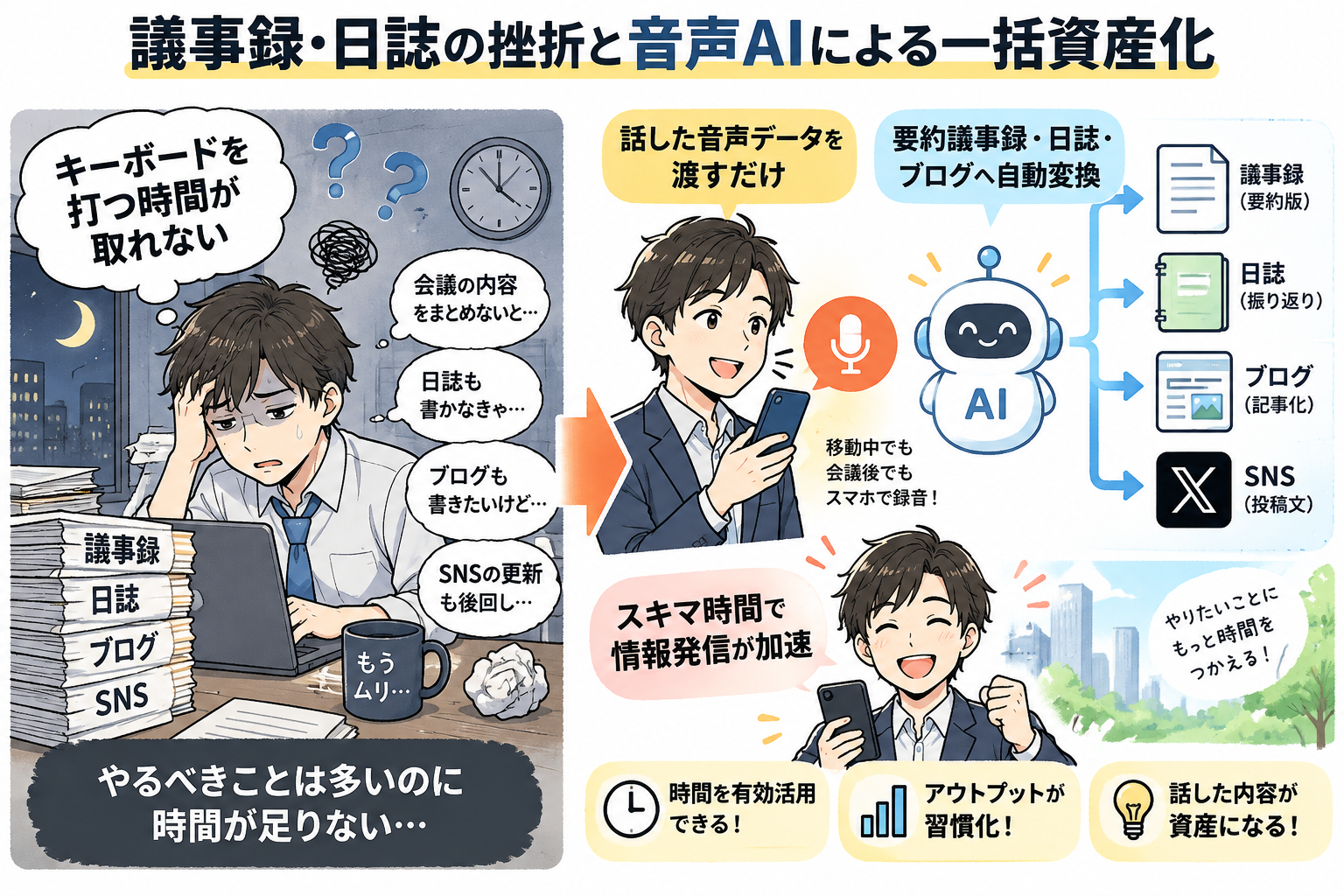 議事録・日誌作成の挫折と音声AIによる一括資産化を示す図解