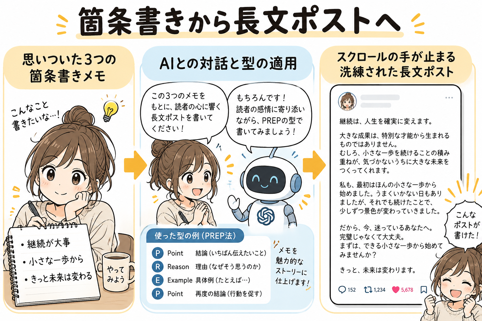 箇条書きメモから長文Xポストへの変換を示す図解