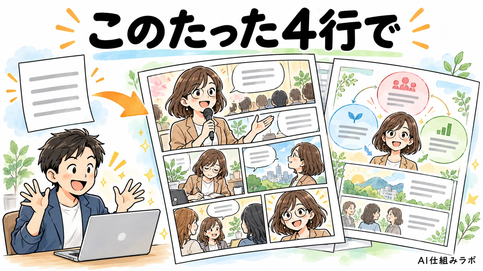 短い4行のお願いから、漫画や図解のあるプロフィールへ広がる変化を描いた説明イラスト